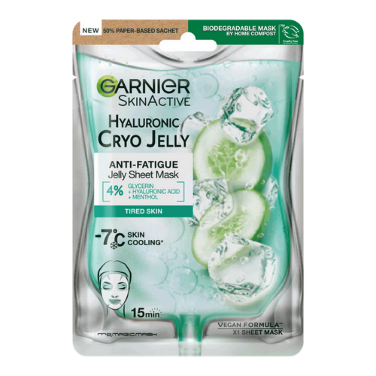 Garnier SkinActive Hyaluronic Cryo Jelly sheet mask packaging on a white background