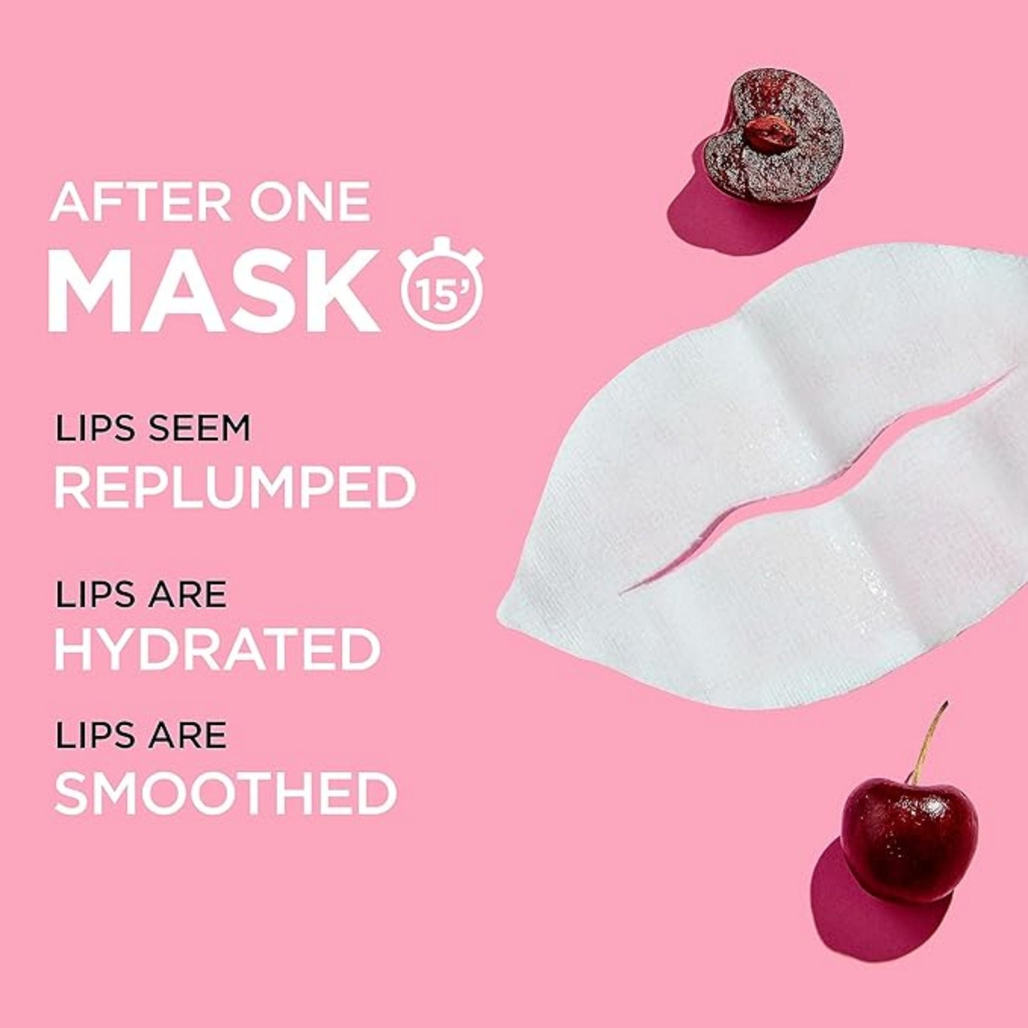 Lip mask with cherry on pink background and text about mask benefits