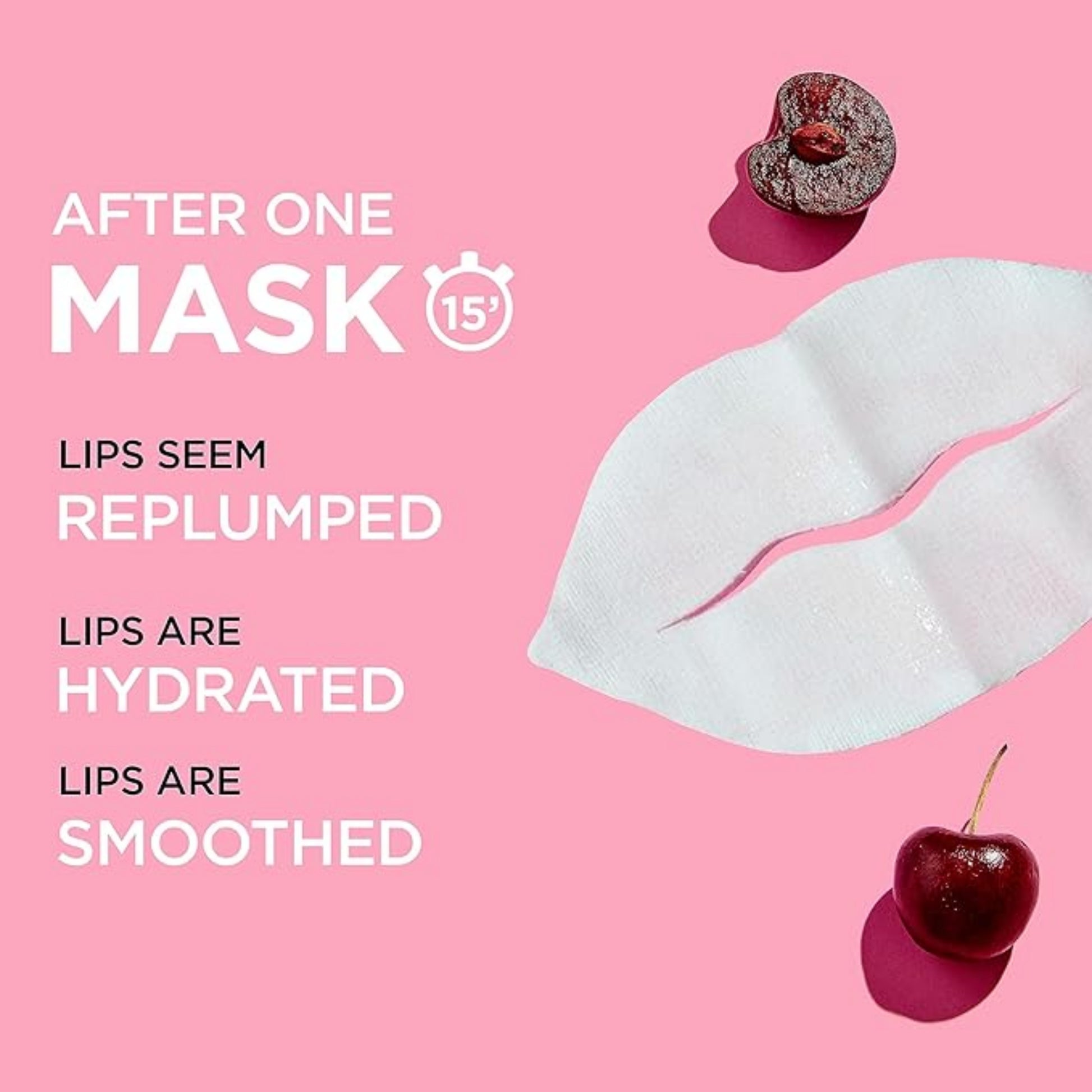 Lip mask with cherry on pink background and text about mask benefits