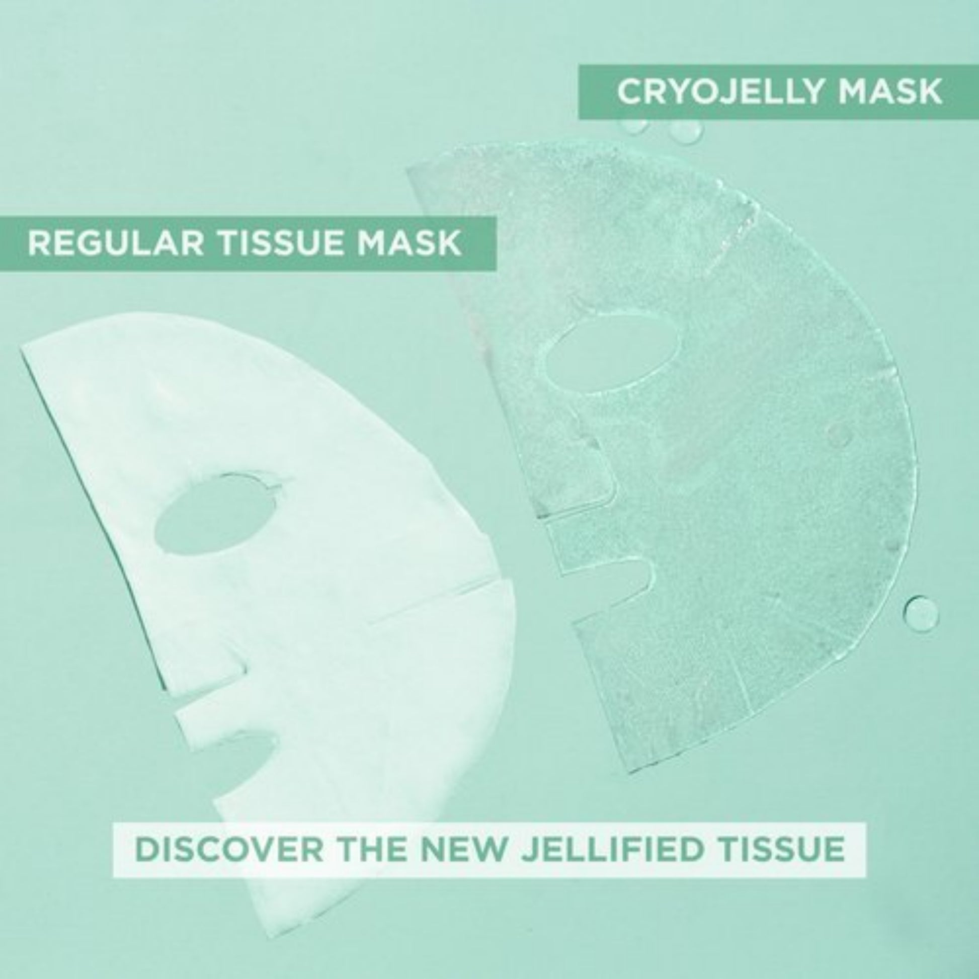 Comparison of Cryojelly mask and regular tissue mask on a light green background