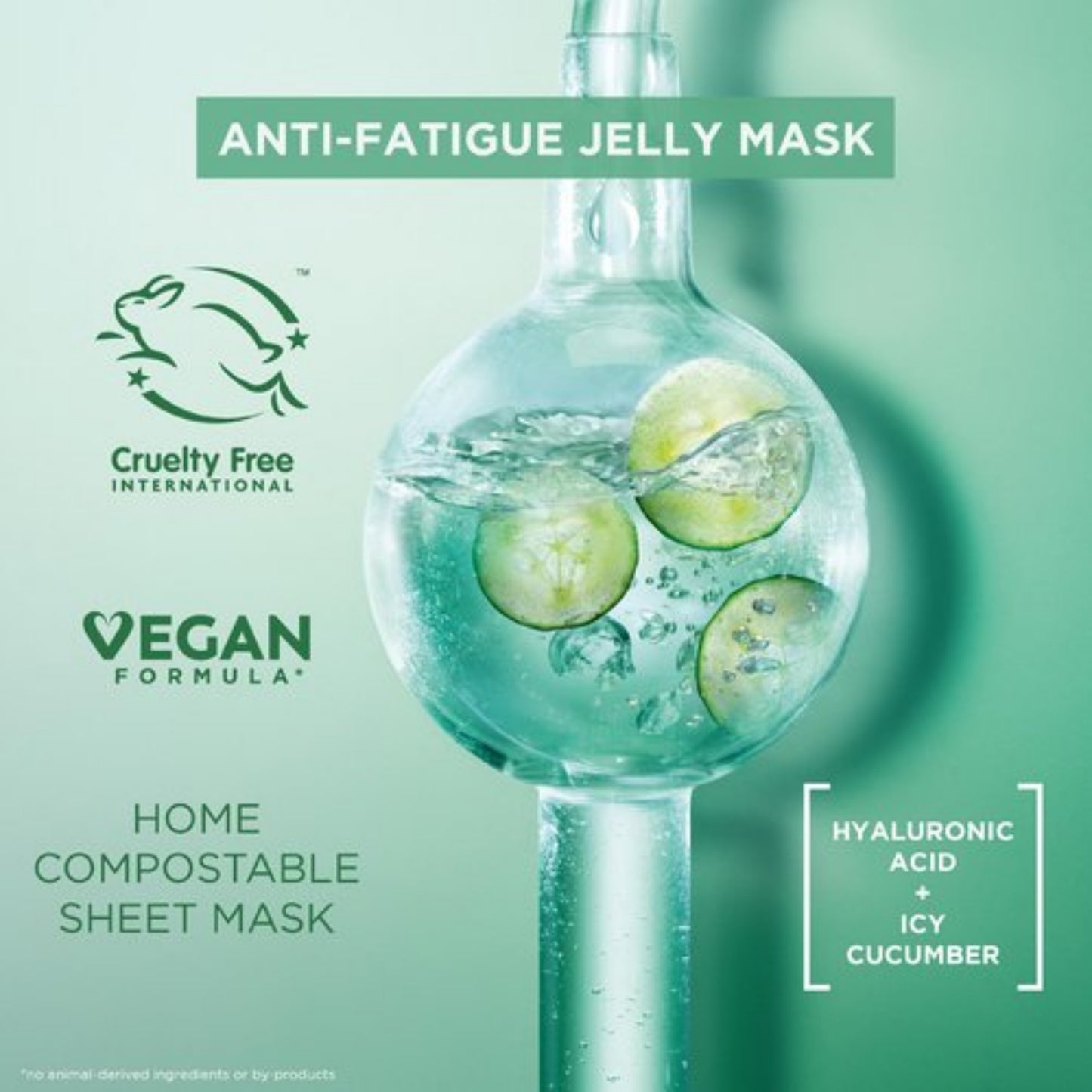 Anti-fatigue jelly mask with cucumbers in a glass flask on a green background, featuring cruelty-free and vegan labels.