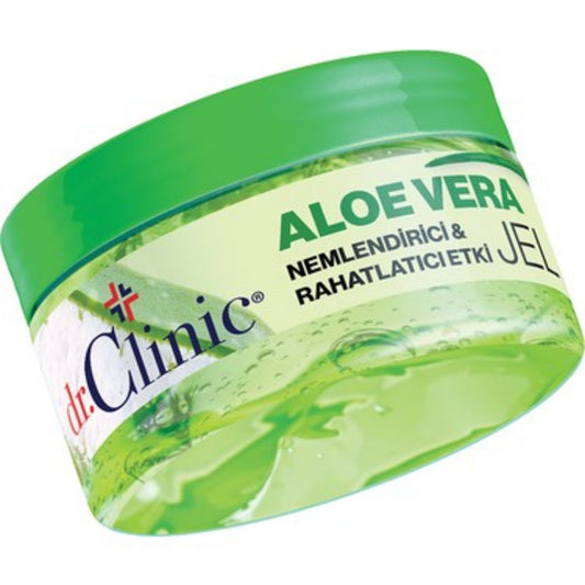 Jar of Dr. Clinic Aloe Vera gel with green lid and label on a white background
