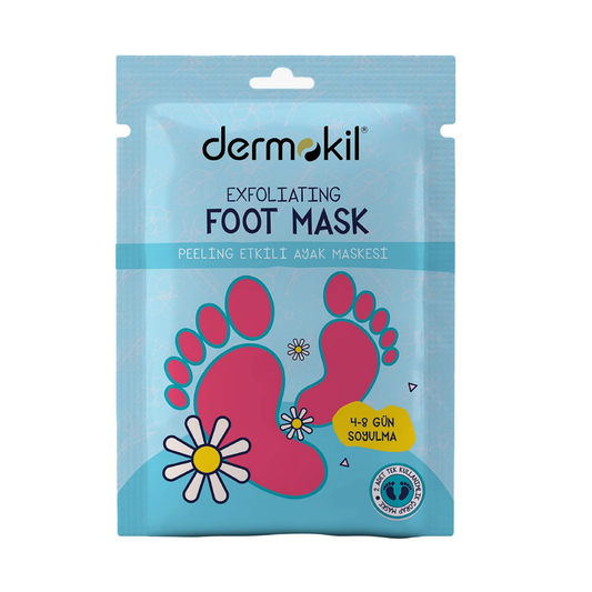 Dermokil exfoliating foot mask packaging on a white background