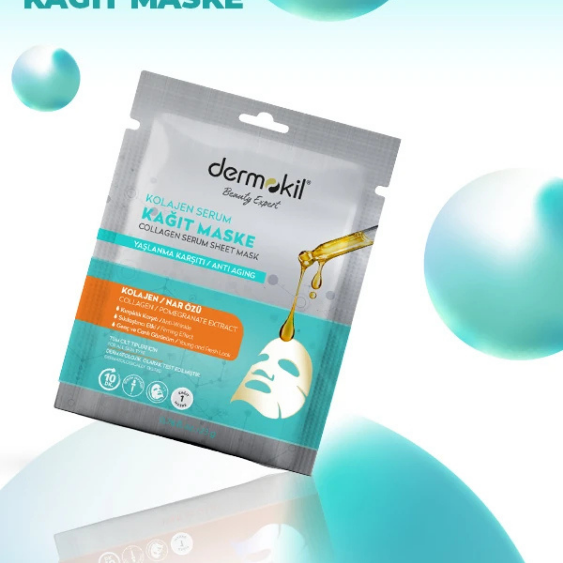 Dermokil collagen serum sheet mask packaging on a light blue background