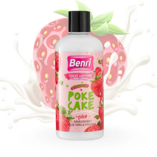 Benri Poké Cake body lotion bottle with strawberry design on a white background