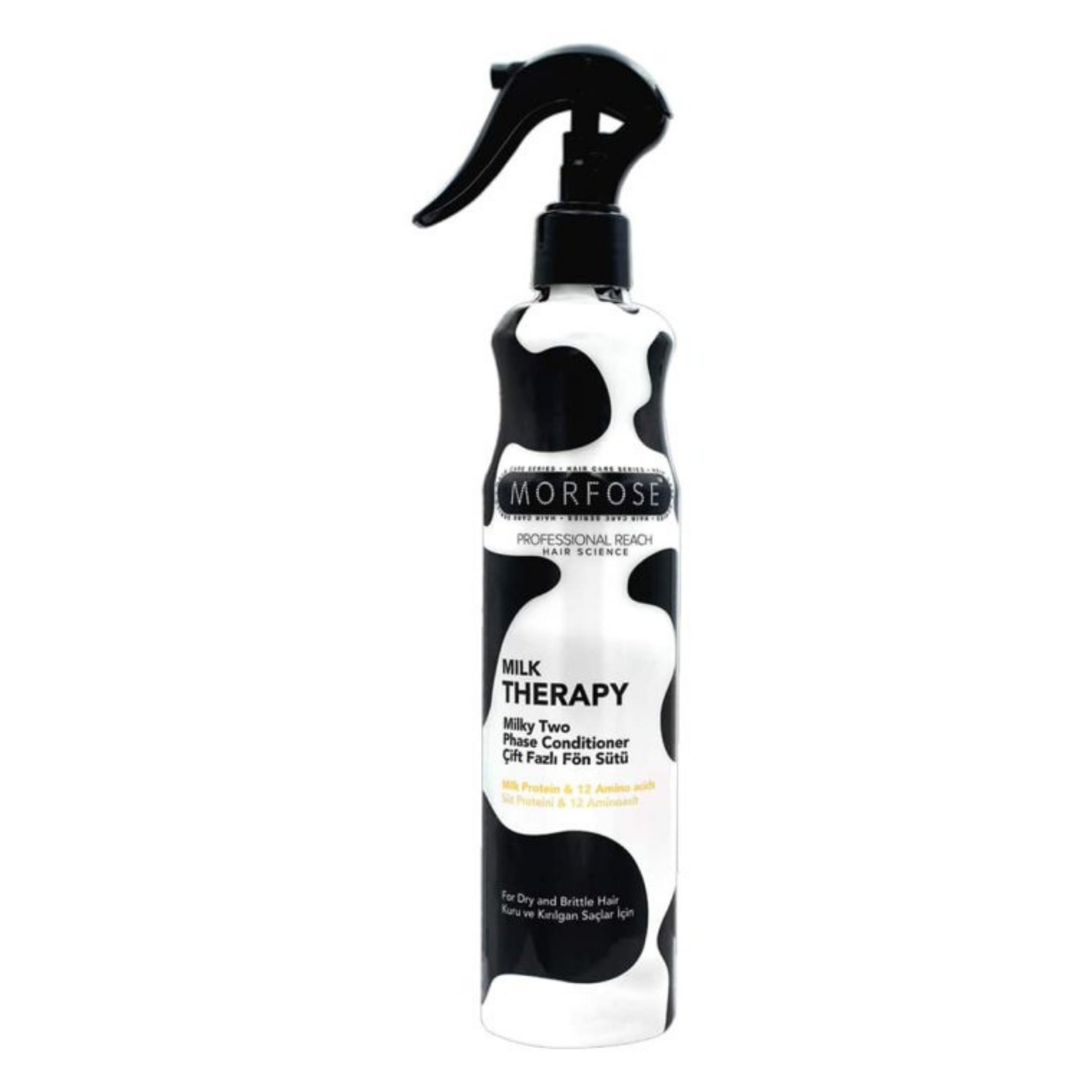 Bottle of Morfose Milk Therapy conditioner with black and white design on a white background