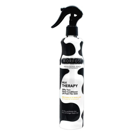 Bottle of Morfose Milk Therapy conditioner with black and white design on a white background