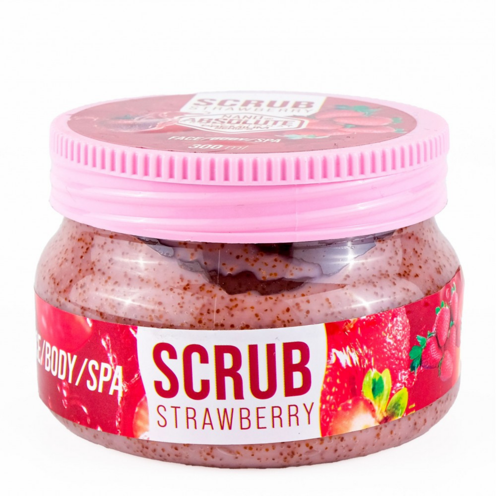 Jar of strawberry scrub with pink lid on a white background