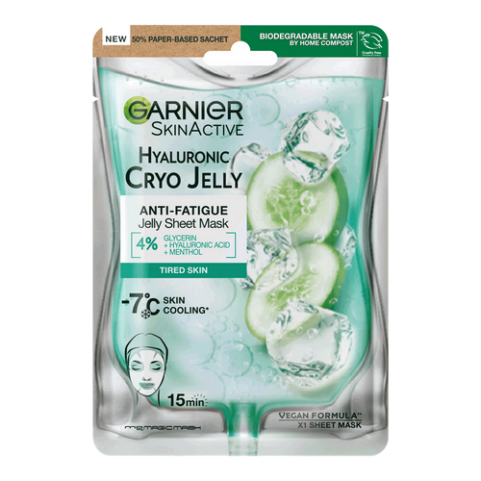Garnier SkinActive Hyaluronic Cryo Jelly sheet mask packaging on a white background