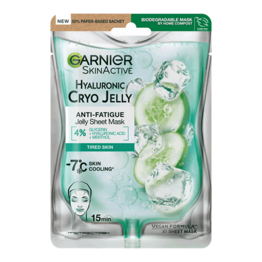 Garnier SkinActive Hyaluronic Cryo Jelly sheet mask packaging on a white background